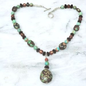 Turquoise Golden Coral Onyx Sterling Pendant Necklace 925 21" Christmas Holidays